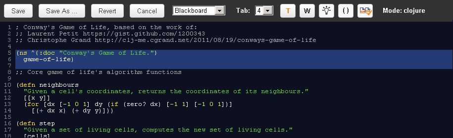 Editor in Blackboard Theme, editing a Clojure file.
(yes, you can host Clojure projects here!)